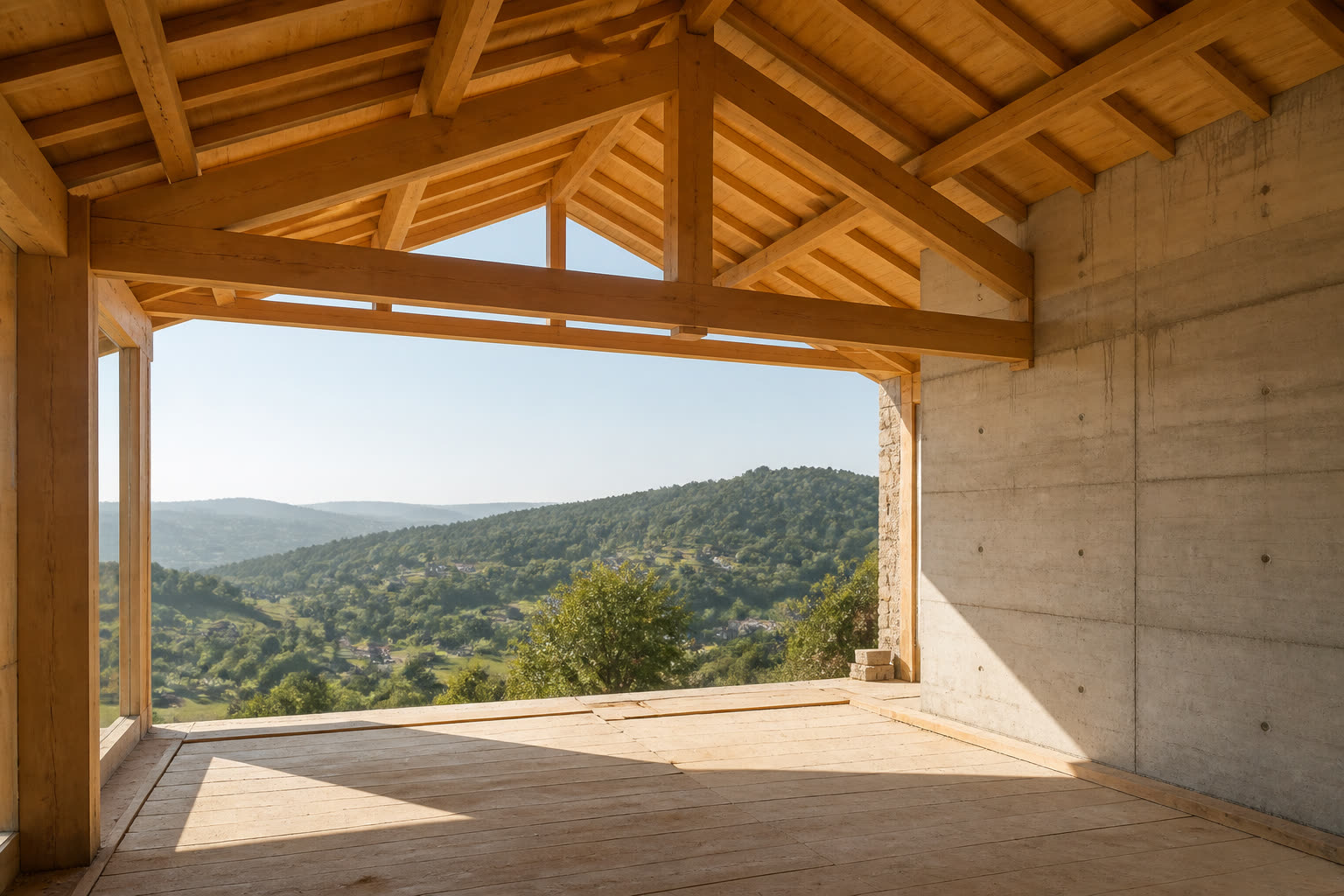 Interior de moradia em construção: estrutura de madeira e parede de betão, com vista para o vale.